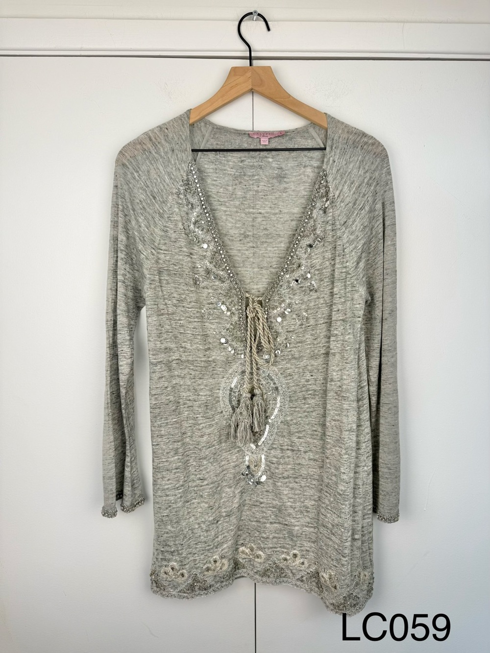 Calypso St. Barth Gray Embellished 100% Linen Tunic Top L